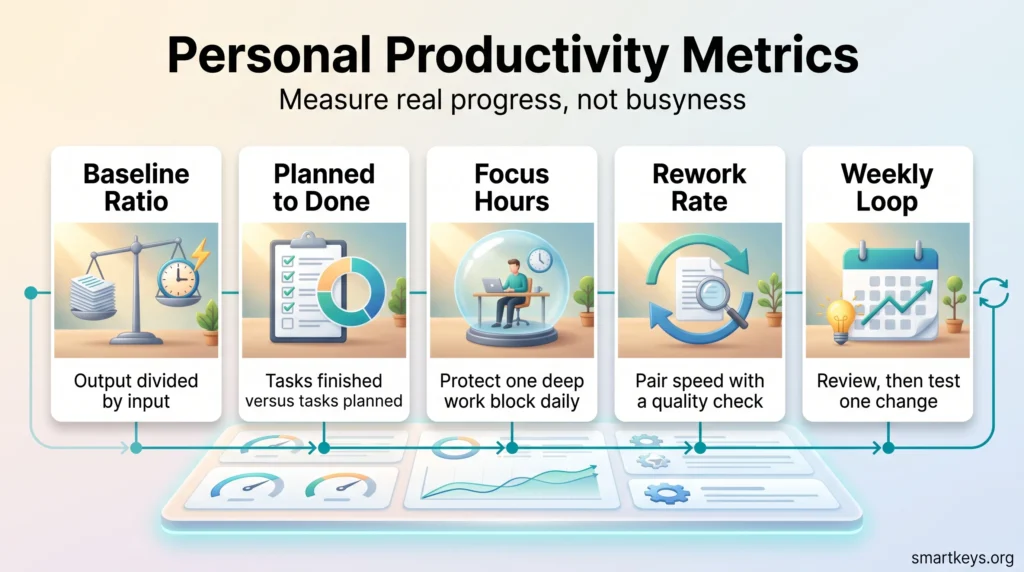 Infographic on personal productivity metrics: baseline ratio, planned to done, focus hours, rework rate and a weekly review loop.