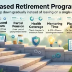 Phased retirement programs infographic: a staircase from office to garden showing reduced hours, partial pension, health coverage, mentoring time and a planned exit.