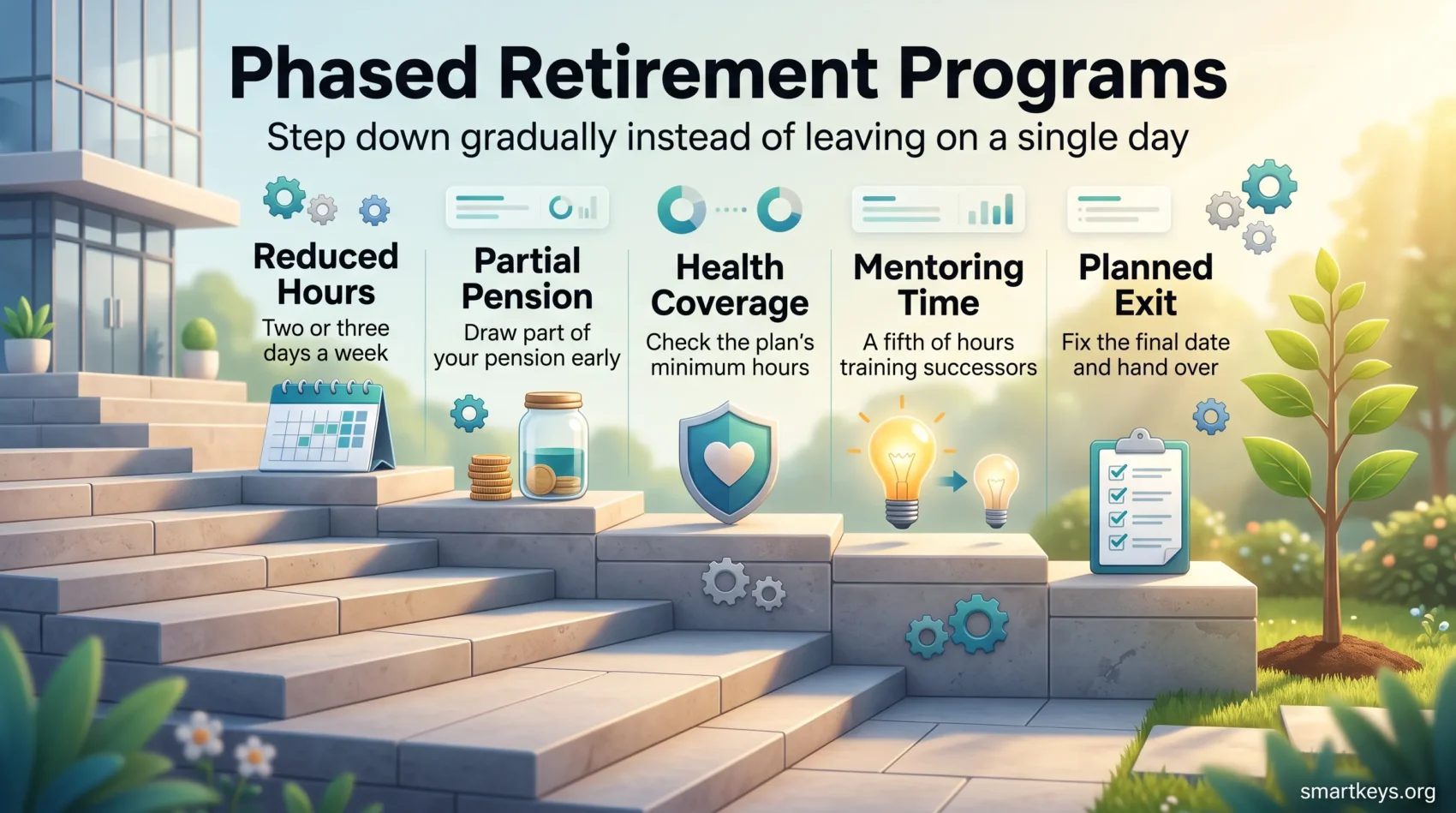 Phased retirement programs infographic: a staircase from office to garden showing reduced hours, partial pension, health coverage, mentoring time and a planned exit.