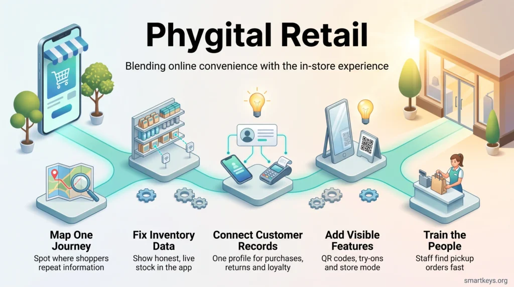Phygital retail infographic: five steps from app to store, mapping one journey, fixing inventory data, connecting customer records, adding features and training staff.