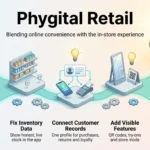Phygital retail infographic: five steps from app to store, mapping one journey, fixing inventory data, connecting customer records, adding features and training staff.