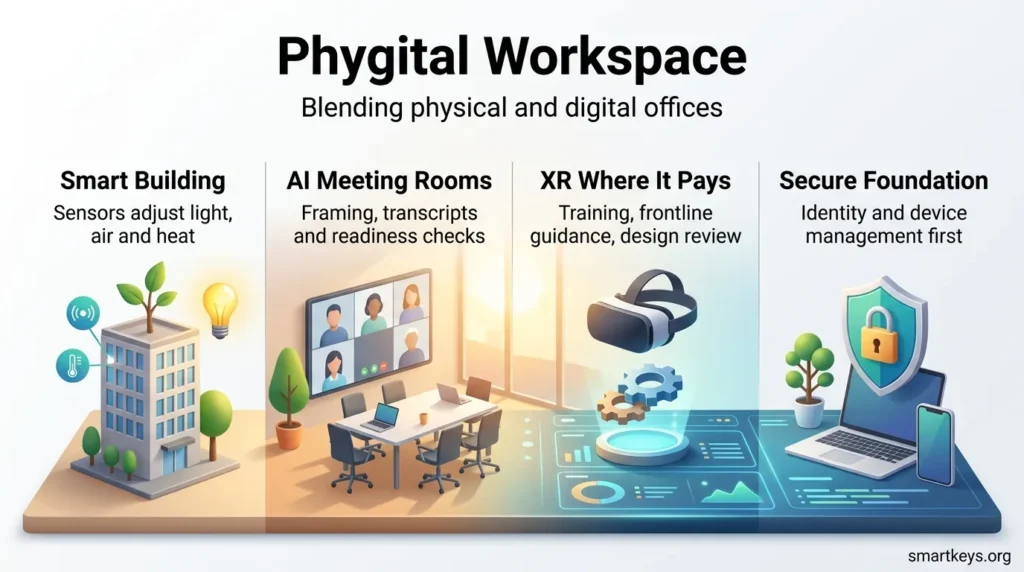 Phygital workspace infographic showing four pillars: smart building sensors, AI meeting rooms, XR for training and secure identity management.