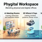 Phygital Workspace 2026: Blending Physical and Digital Offices Phygital workspace infographic showing four pillars: smart building sensors, AI meeting rooms, XR for training and secure identity management.