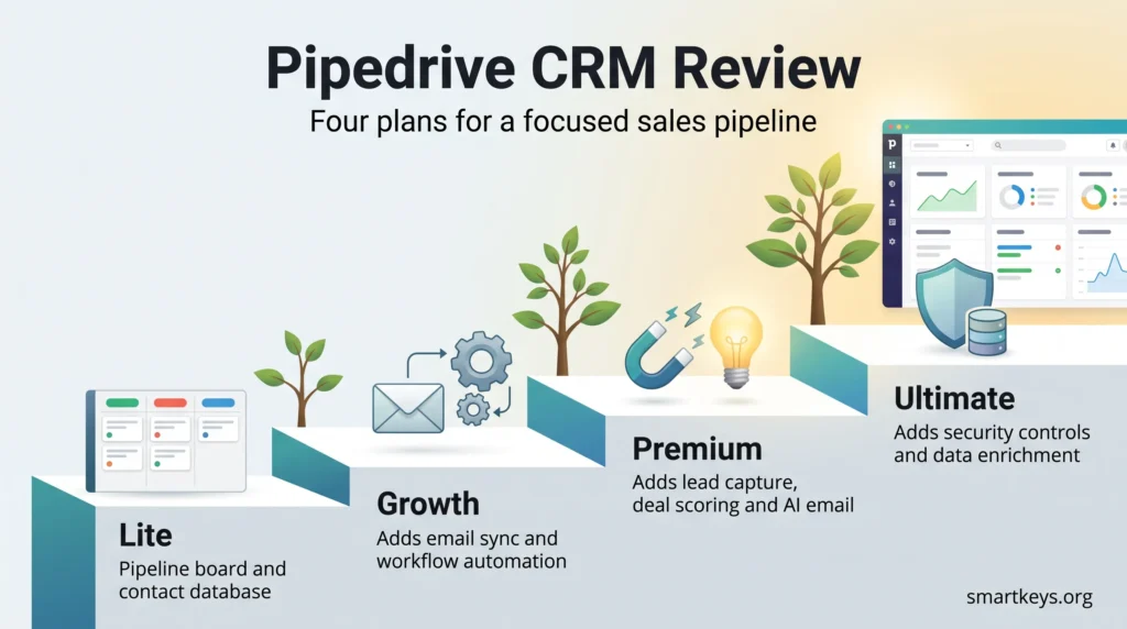 Pipedrive CRM review infographic showing the Lite, Growth, Premium and Ultimate plans as rising steps, each adding sales features.