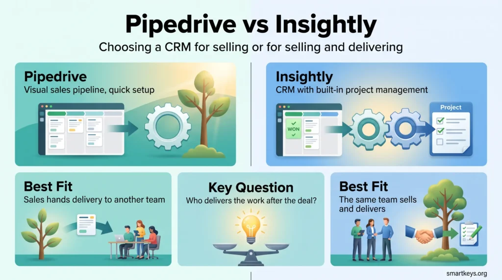 Pipedrive vs Insightly infographic comparing a visual sales pipeline CRM with a CRM that turns won deals into projects, and the team each one fits.