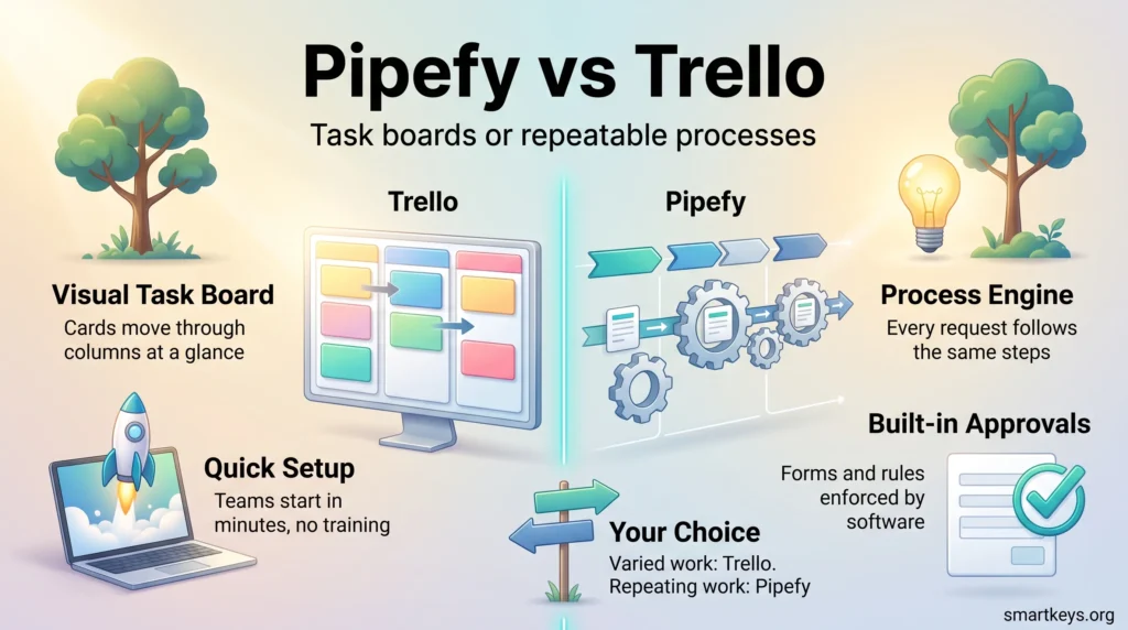 Pipefy vs Trello infographic comparing Trello's visual task board and quick setup with Pipefy's process engine and built-in approvals.