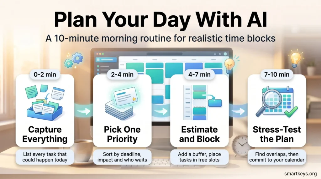 Infographic showing a 10-minute AI daily planning routine in four steps: capture tasks, pick one priority, build time blocks and stress-test the plan.