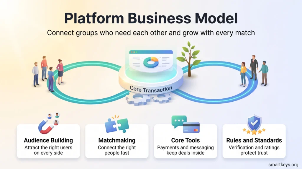 Platform business model infographic: buyers and sellers linked by a core transaction hub, with audience building, matchmaking, core tools and rules.