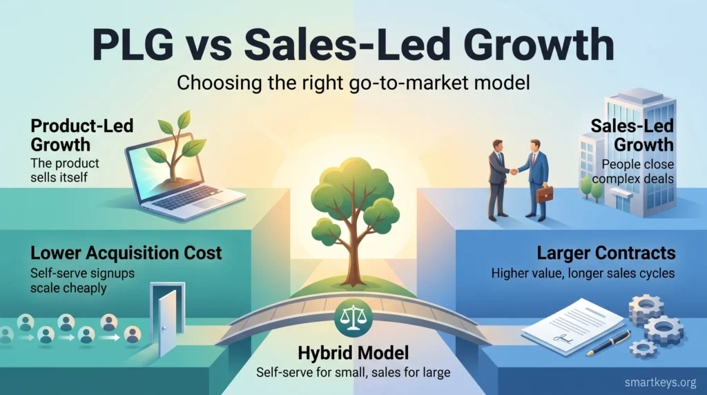 PLG vs sales-led growth infographic: self-serve signups lower acquisition cost, sales teams win larger contracts, and a hybrid model combines both.
