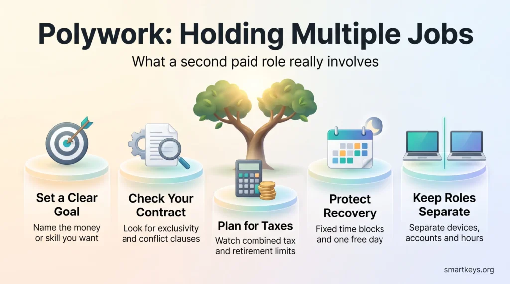 Polywork infographic with five steps for holding multiple jobs: set a clear goal, check your contract, plan for taxes, protect recovery and keep roles separate.