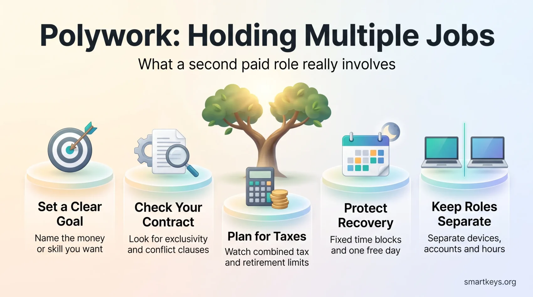Polywork infographic with five steps for holding multiple jobs: set a clear goal, check your contract, plan for taxes, protect recovery and keep roles separate.