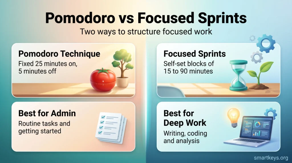 Infographic comparing the Pomodoro Technique with fixed 25 minute blocks for admin work and focused sprints of 15 to 90 minutes for deep work.