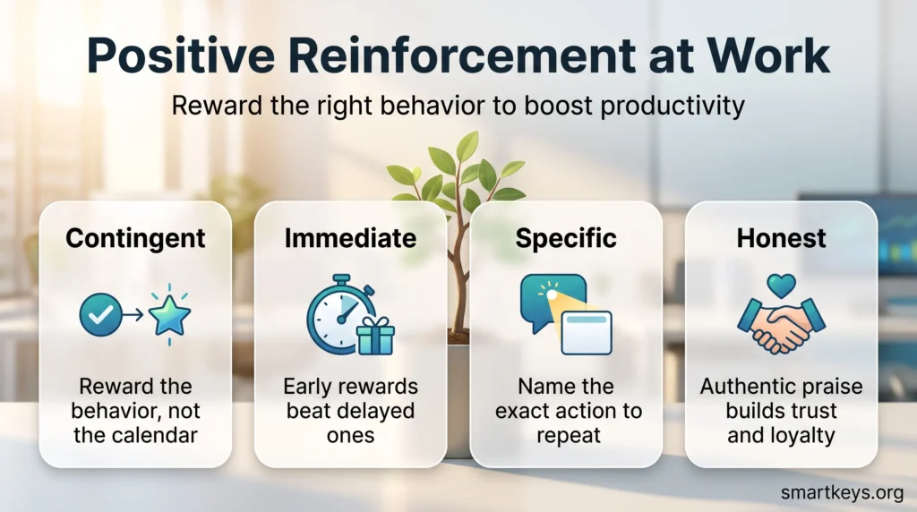 Infographic on positive reinforcement at work: rewards that are contingent, immediate, specific and honest boost productivity