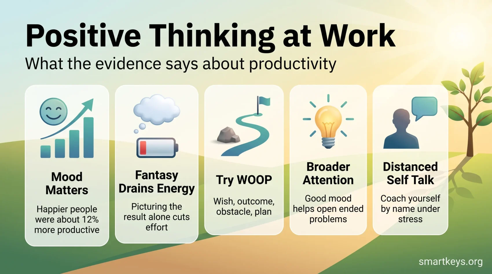 Infographic on positive thinking at work: mood boosts productivity, fantasy drains energy, WOOP planning, broader attention and distanced self talk.