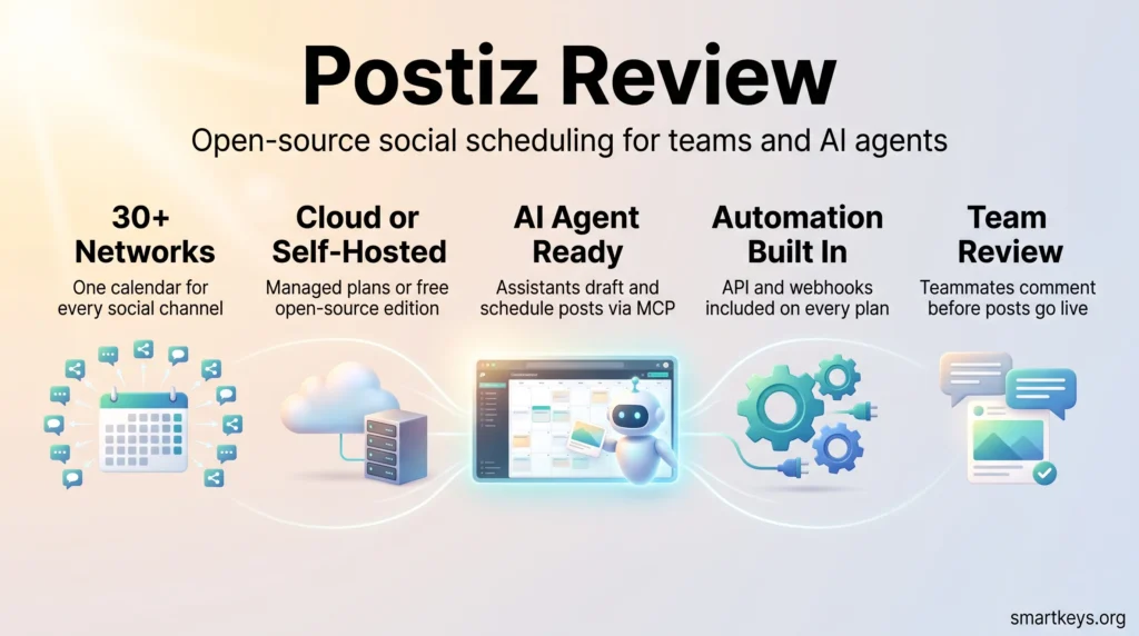 Postiz review infographic: open-source social media scheduling with 30+ networks, cloud or self-hosting, AI agent support, automation and team review.