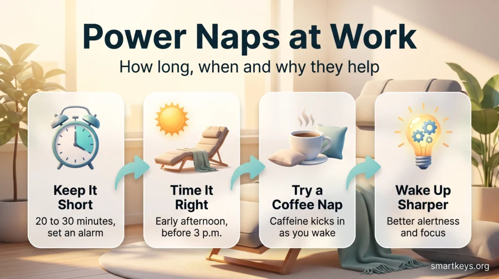 Infographic on power naps at work: keep naps to 20 to 30 minutes, nap in the early afternoon before 3 p.m., try a coffee nap and wake up sharper.