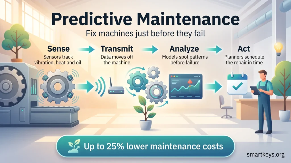 Predictive maintenance infographic showing four steps, sense, transmit, analyze and act, from machine sensors to a scheduled repair, with up to 25% lower costs.