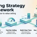 Pricing strategy framework infographic showing four rising steps: set the cost floor, test the ceiling, build clear tiers and run one experiment.