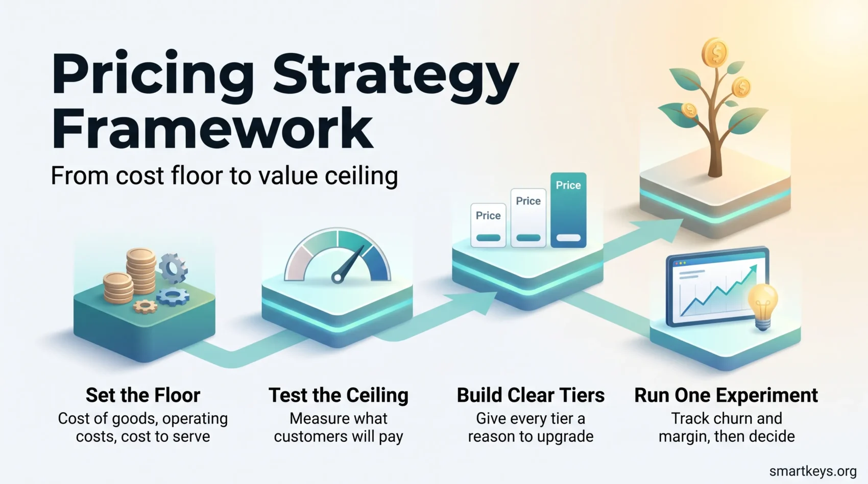 Pricing strategy framework infographic showing four rising steps: set the cost floor, test the ceiling, build clear tiers and run one experiment.