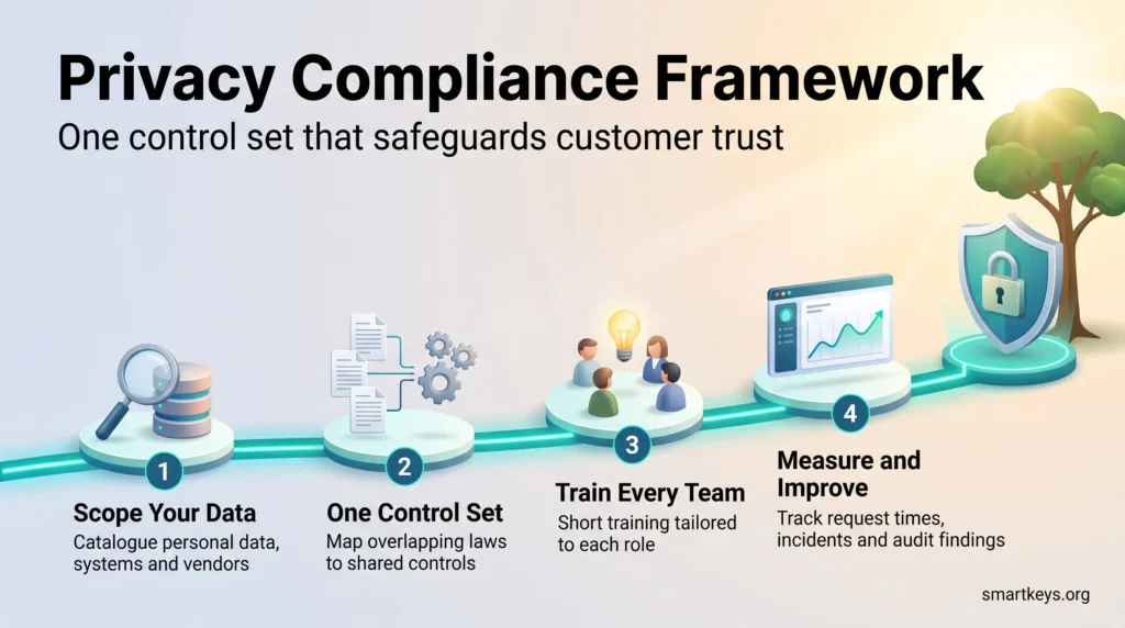 Privacy compliance framework infographic: a four-step roadmap to scope your data, map laws to one control set, train every team and measure results.