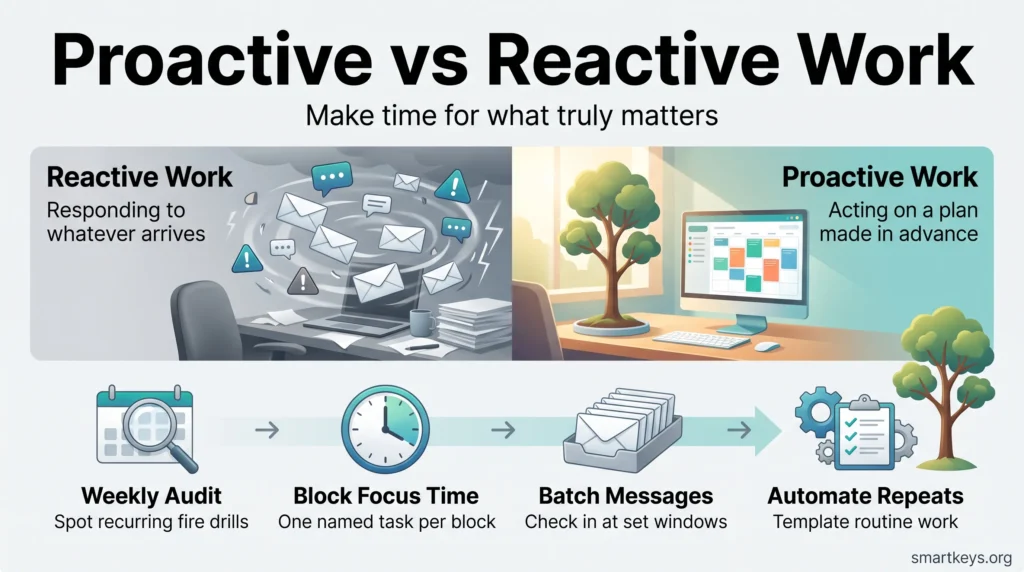 Infographic comparing proactive vs reactive work, with four habits: weekly audit, focus time blocks, batched messages and automated repeats.