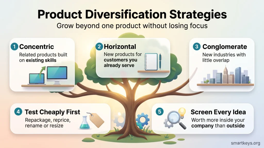 Infographic on product diversification strategies: a growing tree with concentric, horizontal and conglomerate branches, plus cheap tests and idea screening.