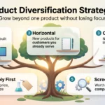 Product Diversification Strategies: Expanding Your Market Reach Infographic on product diversification strategies: a growing tree with concentric, horizontal and conglomerate branches, plus cheap tests and idea screening.
