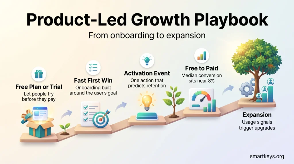 Infographic of a product-led growth playbook in five stages: free plan or trial, fast first win, activation event, free-to-paid conversion and expansion.