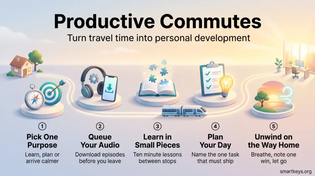 Productive commutes infographic: five steps along a travel route, from picking one purpose and queuing audio to planning the day and unwinding on the way home.