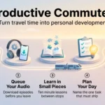 Productive Commutes: Turning Your Travel Time into Personal Development Productive commutes infographic: five steps along a travel route, from picking one purpose and queuing audio to planning the day and unwinding on the way home.