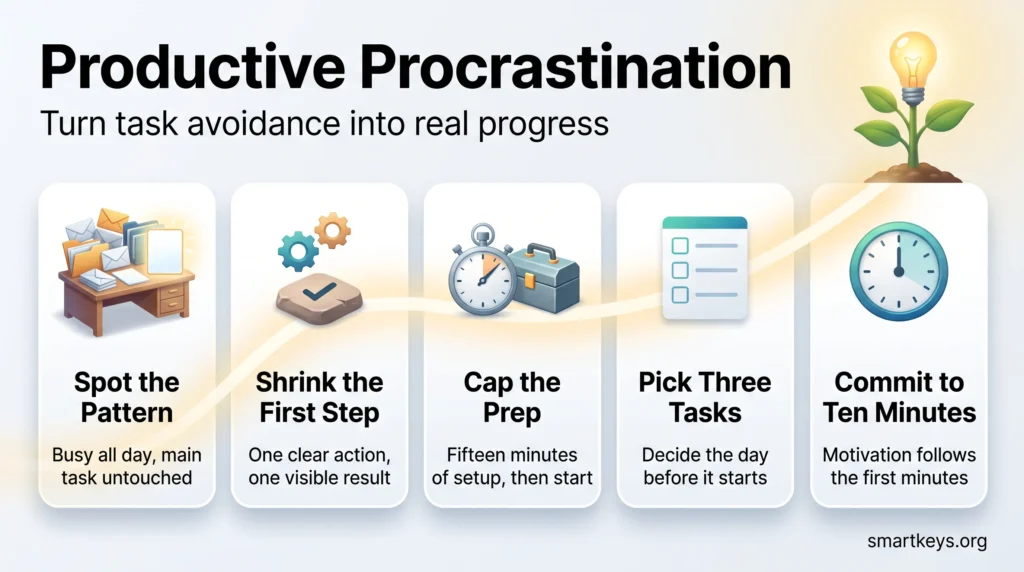 Productive procrastination infographic: five cards on turning task avoidance into progress, from spotting the pattern to committing to ten minutes.