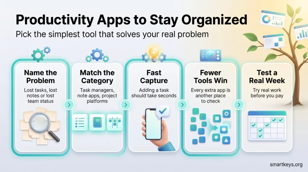 Infographic on choosing productivity apps to stay organized: name the problem, match the category, fast capture, fewer tools and a real test week.