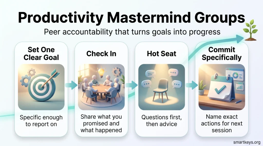 Infographic on productivity mastermind groups showing four session steps: set one clear goal, check in, hot seat and specific commitments.