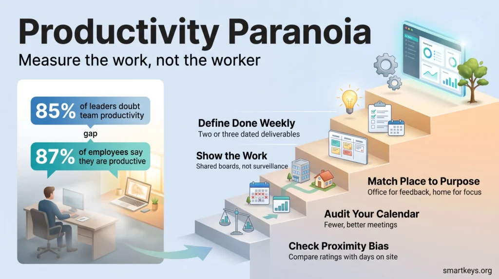 Productivity paranoia infographic comparing how leaders and employees see remote output, plus five steps to measure work instead of activity.