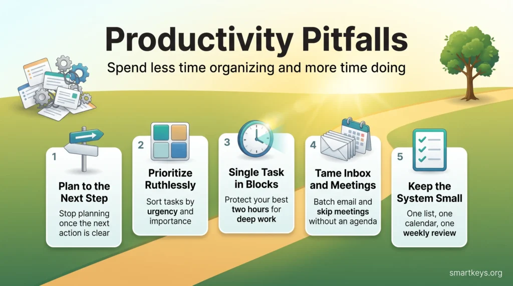 Productivity pitfalls infographic showing five fixes: plan to the next step, prioritize, single task in blocks, tame inbox and meetings, keep the system small.