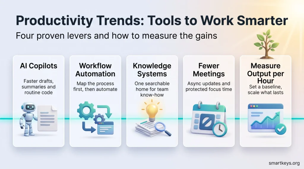 Productivity trends infographic with four levers to work smarter: AI copilots, workflow automation, knowledge systems and fewer meetings, plus measuring output per hour.