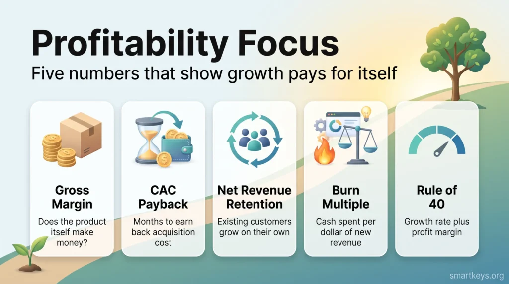 Profitability focus infographic with five metrics that show growth pays for itself: gross margin, CAC payback, net revenue retention, burn multiple, Rule of 40.