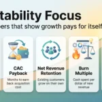 Profitability Focus in 2026: The Shift from Growth-at-All-Costs Profitability focus infographic with five metrics that show growth pays for itself: gross margin, CAC payback, net revenue retention, burn multiple, Rule of 40.