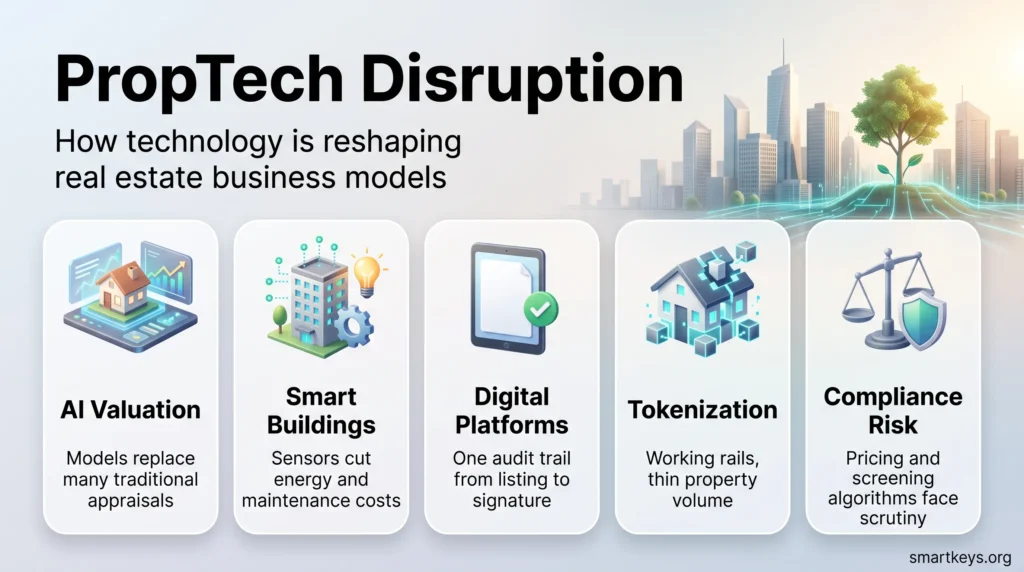 PropTech disruption infographic showing five ways technology reshapes real estate: AI valuation, smart buildings, digital platforms, tokenization and compliance risk.
