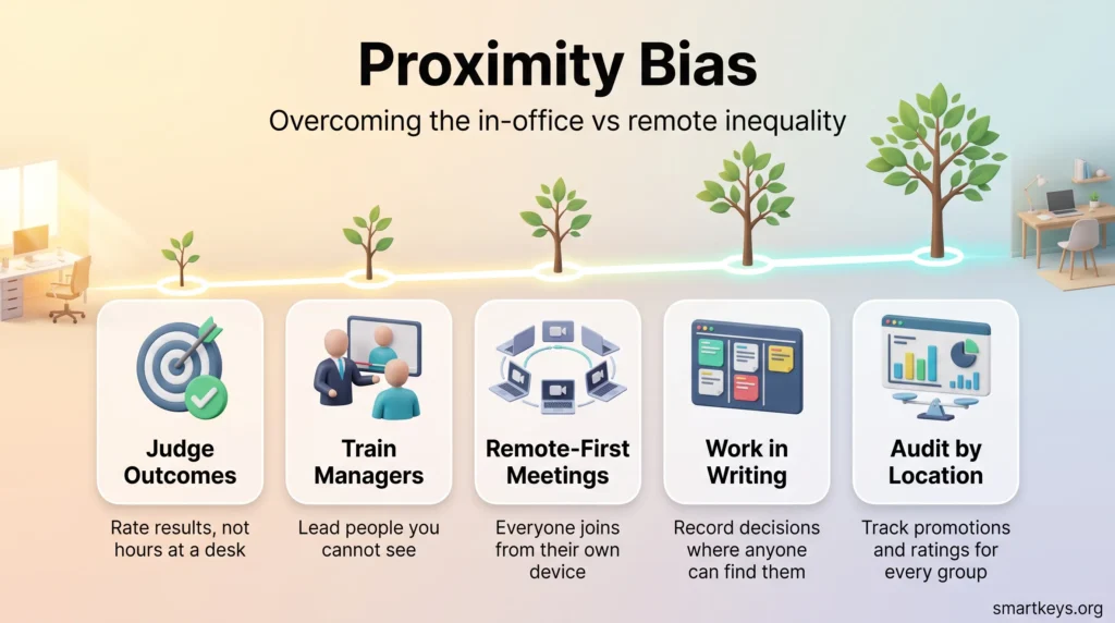 Infographic on proximity bias showing five ways to close the in-office vs remote gap: judge outcomes, train managers, remote-first meetings, written records and audits.