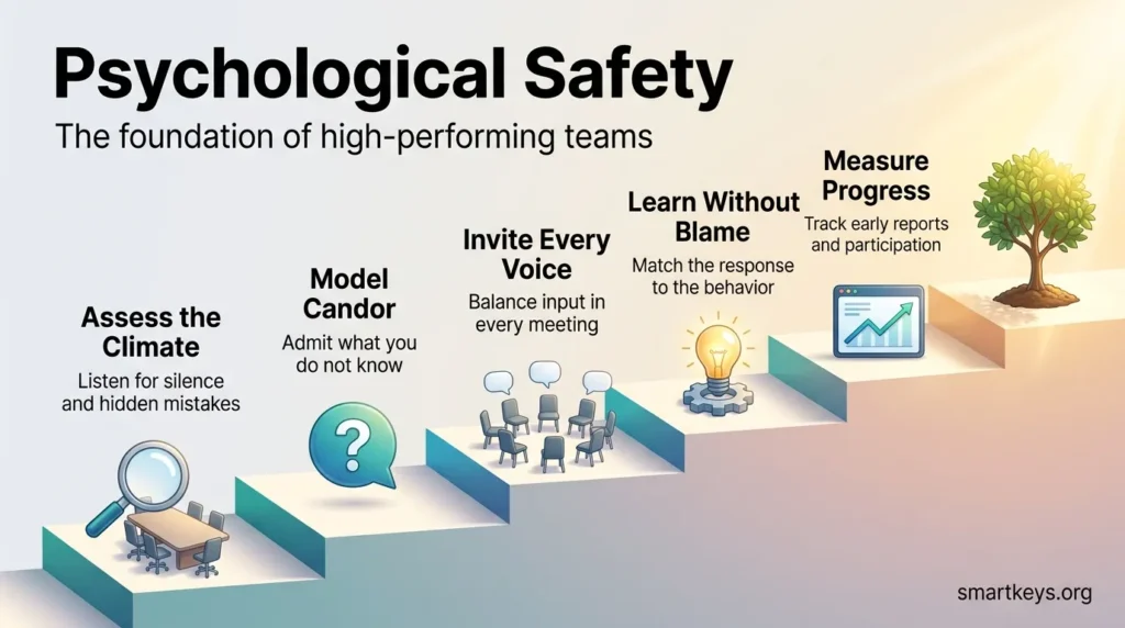 Infographic showing five steps to build psychological safety in teams, from assessing the climate to learning without blame and measuring progress.