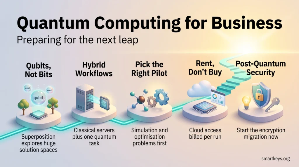 Infographic on quantum computing for business: five steps from qubits and hybrid workflows to cloud pilots and post-quantum security migration.