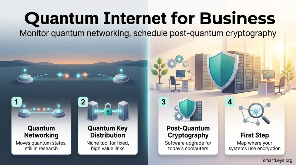 Quantum internet for business infographic: quantum networking and QKD remain niche, while post-quantum cryptography and an encryption inventory come first.