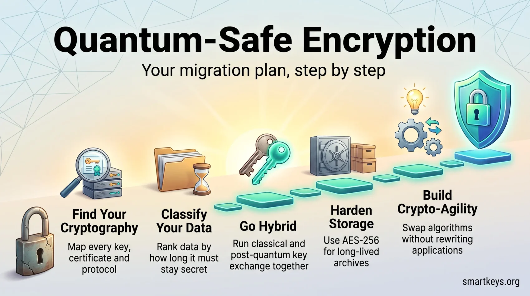 Infographic on quantum-safe encryption showing a five-step migration plan: inventory, data classification, hybrid key exchange, AES-256 and crypto-agility.