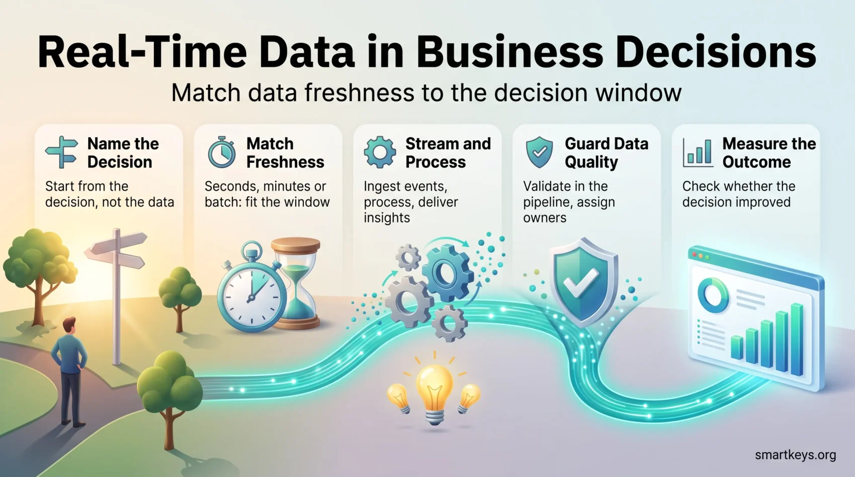 Infographic on real-time data in business decisions: five steps from naming the decision and matching data freshness to streaming, data quality and measuring outcomes.