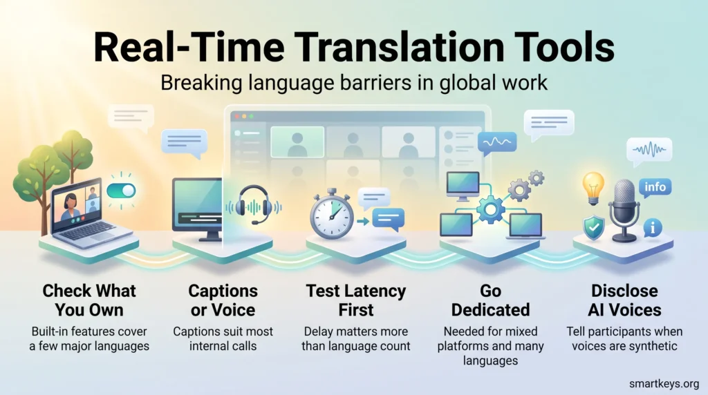 Infographic on real-time translation tools for meetings: check built-in features, choose captions or voice, test latency, go dedicated and disclose AI voices.