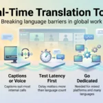 Infographic on real-time translation tools for meetings: check built-in features, choose captions or voice, test latency, go dedicated and disclose AI voices.