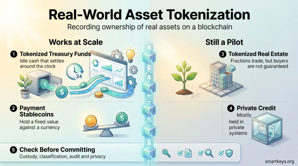 Infographic on real-world asset tokenization comparing what works at scale, Treasury funds and stablecoins, with pilots in real estate and private credit.