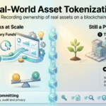 Infographic on real-world asset tokenization comparing what works at scale, Treasury funds and stablecoins, with pilots in real estate and private credit.