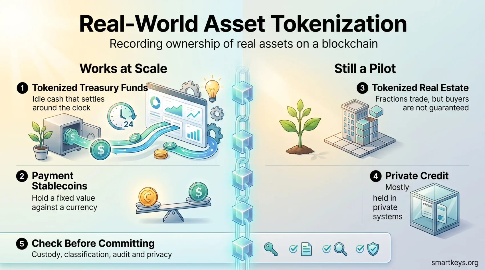 Infographic on real-world asset tokenization comparing what works at scale, Treasury funds and stablecoins, with pilots in real estate and private credit.